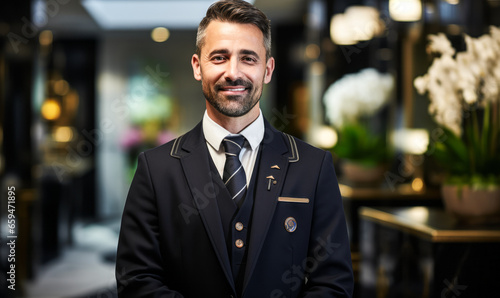 Helpful Concierge at Luxury Hotel Assisting Patrons with Personal Services © Bartek