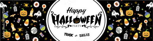 Black Happy Halloween Horizontal Banner Design with Set of Spooky Doodles and Halloween Typography. Exclusive Halloween Background. 