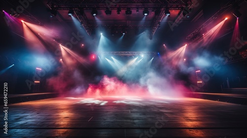 Empty night club stage illuminated with red and blue spotlights. Retro dance floor. Scene with laser beams, lamps ,billowing smoke. Disco dancing area interior. Party background