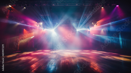 Empty night club stage illuminated with red and blue spotlights. Retro dance floor. Scene with laser beams, lamps ,billowing smoke. Disco dancing area interior. Party background photo