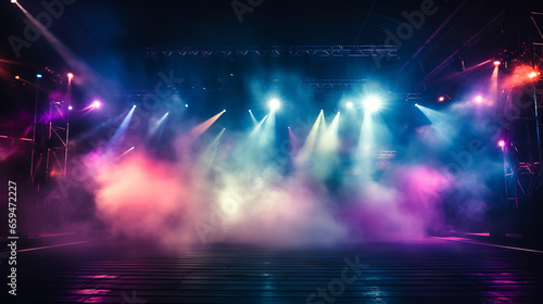 Empty night club stage illuminated with red and blue spotlights. Retro dance floor. Scene with laser beams  lamps  billowing smoke. Disco dancing area interior. Party background