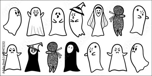 Set of cute ghosts and Halloween doodle collection concept on white background. Vector illustration.