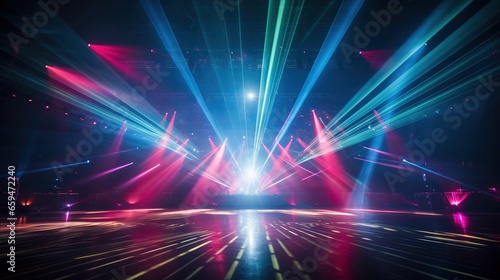Empty night club stage illuminated with red and blue spotlights. Retro dance floor. Scene with laser beams, lamps , disco dancing area interior © Irina Sharnina