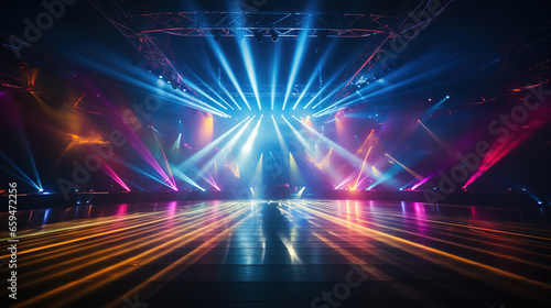 Empty night club stage illuminated with red and blue spotlights. Retro dance floor. Scene with laser beams, lamps , disco dancing area interior