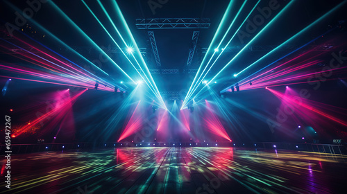 Empty night club stage illuminated with red and blue spotlights. Retro dance floor. Scene with laser beams, lamps , disco dancing area interior