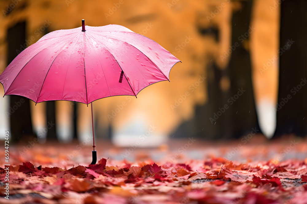 Pink umbrella in rain, autumn leaves in the park
