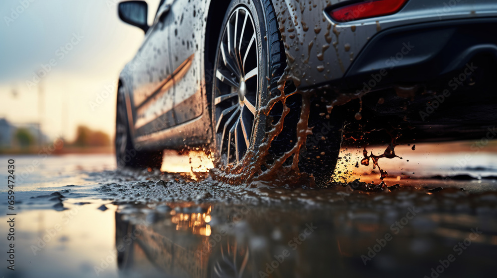 The car drives through puddles after the rain. Close-up of car tires and splashes of water on wet asphalt in the rain. Driving extreme - obrazy, fototapety, plakaty 
