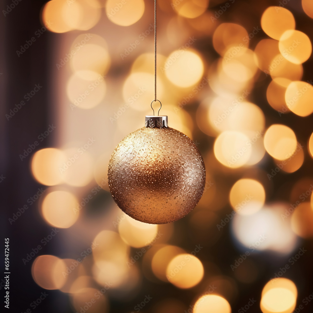 Golden christmas ball on bokeh lights background. Christmas and New Year concept Golden christmas ball on bokeh lights background. Christmas and New Year concept
