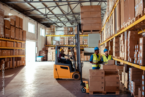 Wide angle view of diverse workers in a warehouse