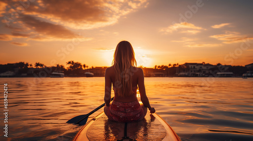 Rear view of a woman on a SUP board sitting with a paddle in the middle of a calm lake against the backdrop of sunset. Outdoor recreation, relaxation background © Irina Sharnina