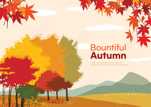 붉게 물든 단풍과 가을 숲이 있는 가을 들판
