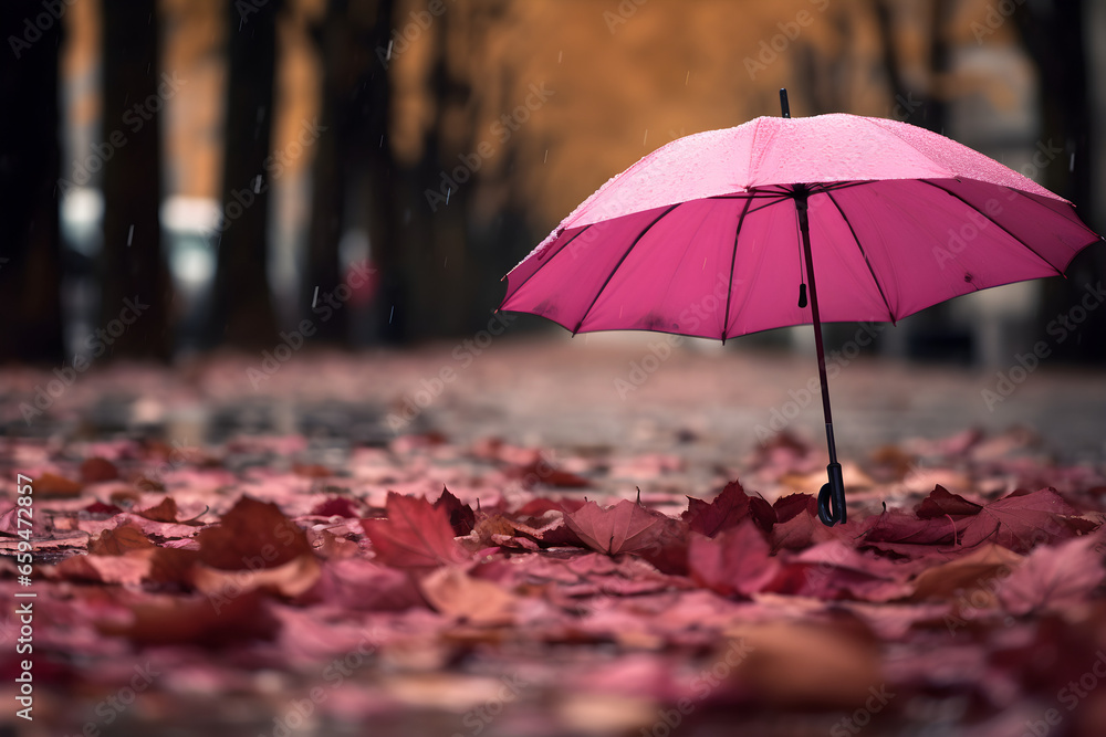 Pink umbrella in the rain autumn leaves on the ground