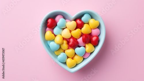  a heart shaped bowl filled with candy hearts on a pink background.  generative ai