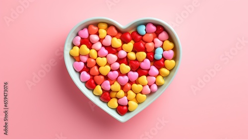  a heart shaped bowl filled with candy hearts on a pink background.  generative ai