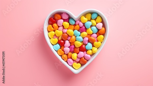  a heart shaped bowl filled with candy hearts on a pink background. generative ai