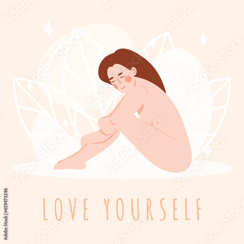 Love yourself concept. Smiling naked woman sitting and hugging her knees. Flat cartoon vector character. Concept of self acceptance and mental health awareness