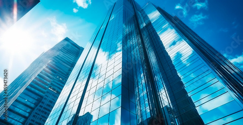 Financial district, business skyscraper, sun glare in the windows of the building - AI generated image