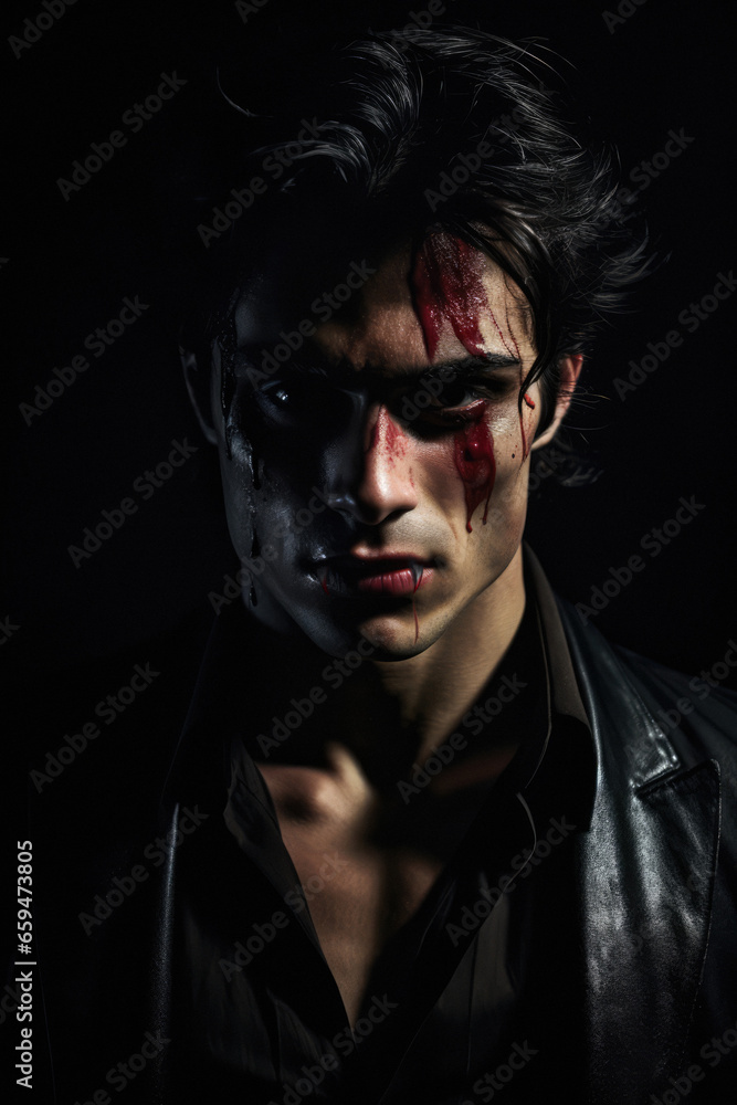 Obraz premium handsome mysterious vampire with sharp bloody fangs, teeth, canines. Immortal Dracula. serious expression. bloody face. dripping blood. black leather jacket. black hair. square jaw cheekbone.