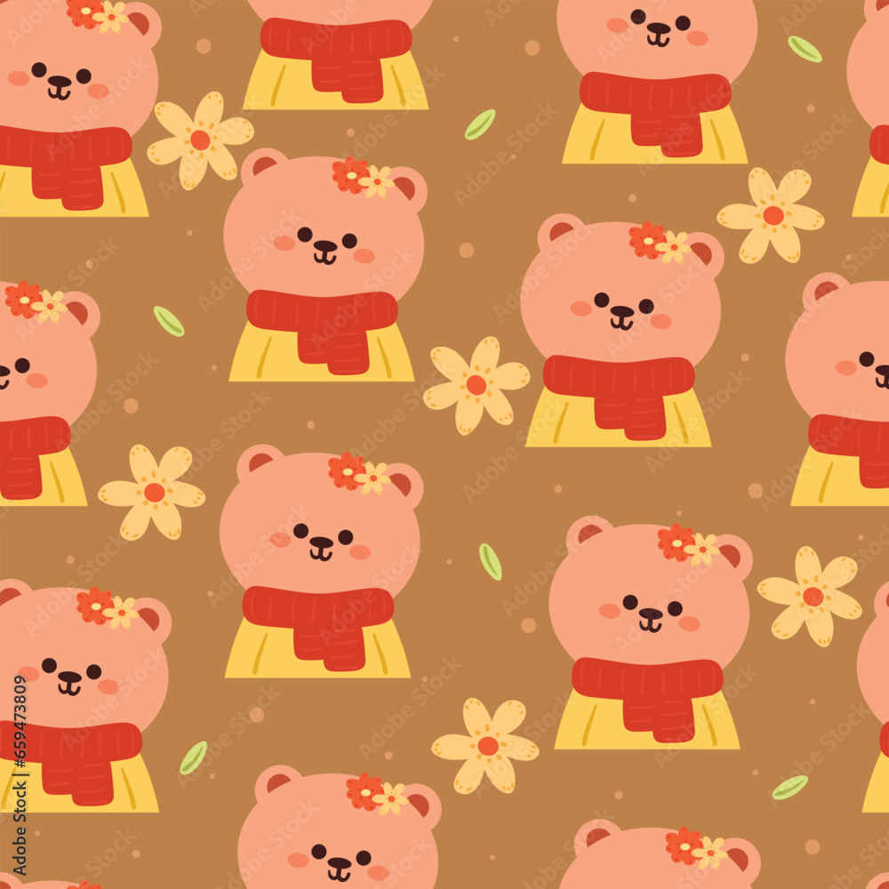 seamless pattern cartoon bear wearing scarf. cute animal wallpaper with flower illustration for gift wrap paper, winter wallpaper seamless pattern cartoon bear wearing scarf. cute animal wallpaper with flower illustration for gift wrap paper, winter wallpaper