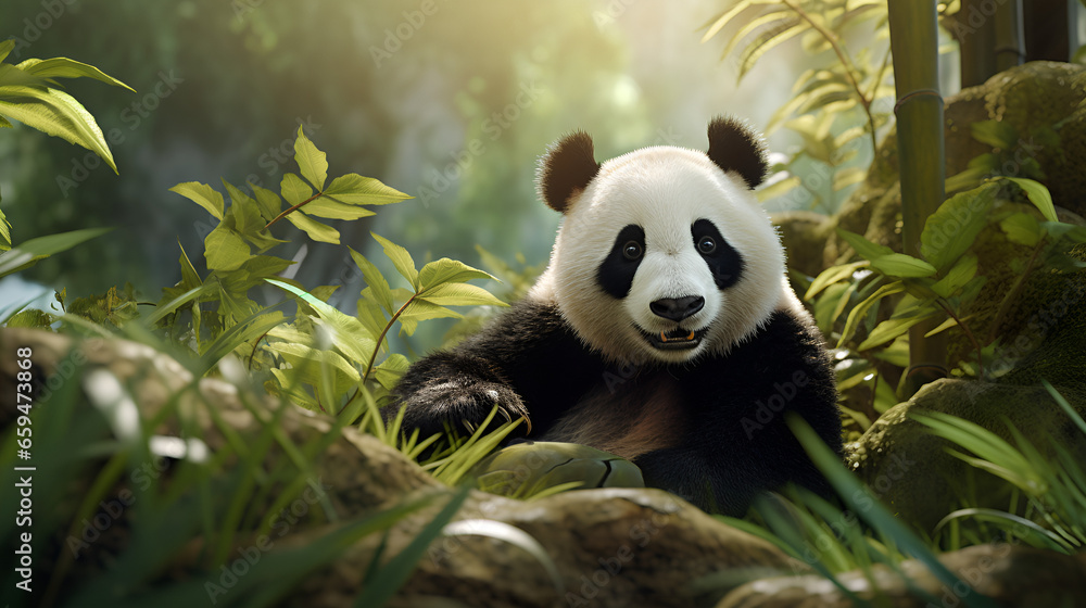 Fototapeta premium panda eating bamboo, panda, zoo, eating, white, Ai generated 