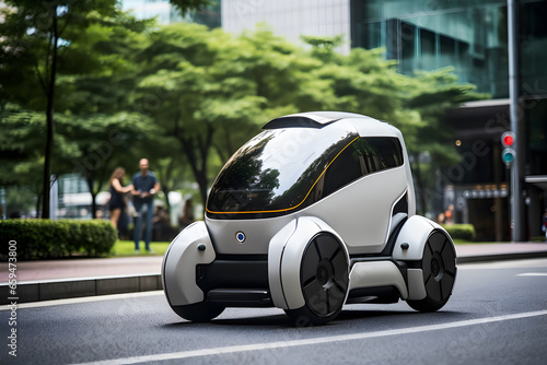 Modern mini-size electric car on the street in the city, Beautiful Futuristic vehicle design, Sustainable mobility photo
