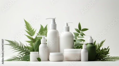 Set of cosmetic products with green leaves on white background.