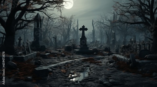 Spooky graveyard at night with full moon