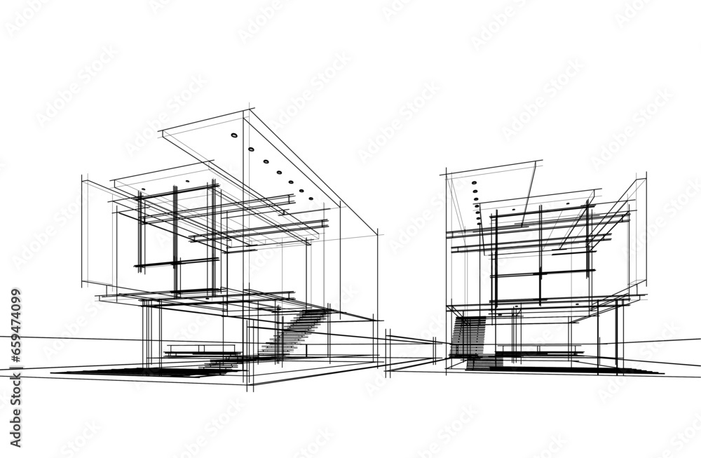Modern architecture sketch vector 3d drawing Modern architecture sketch vector 3d drawing