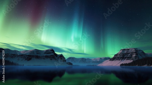 the night sky showcases the majestic aurora borealis and stars, painting it in green hues of the northern lights © id512