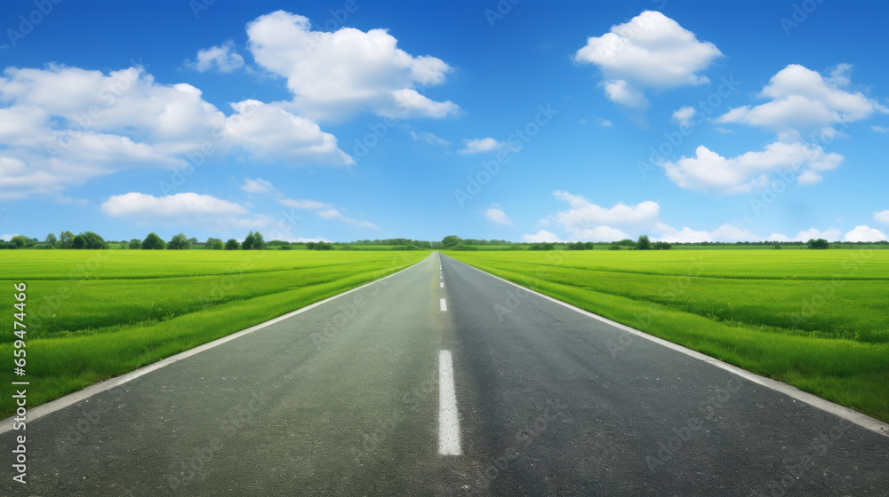Asphalt road and green field under blue sky with white clouds.