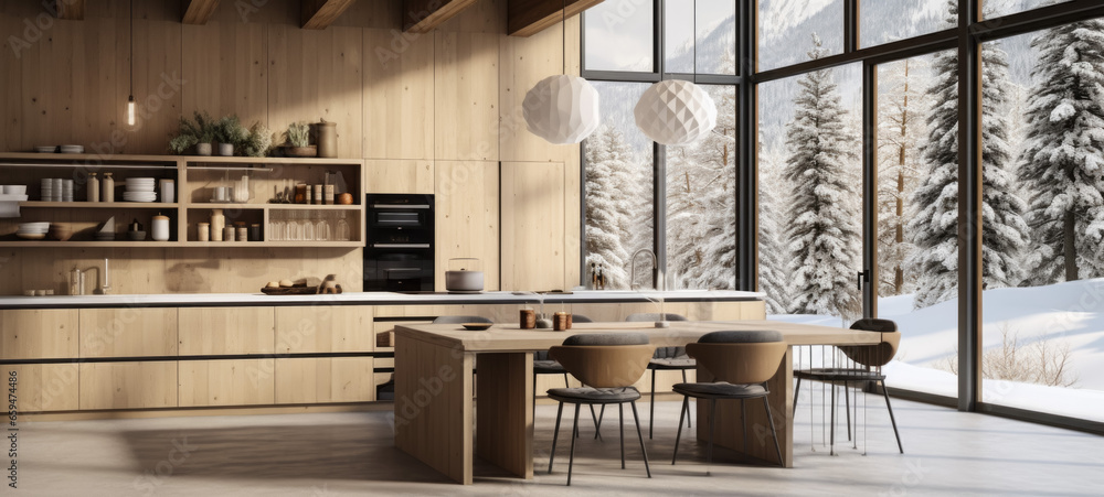 Interior of modern kitchen with wooden walls, wooden floor, panoramic window and mountain view. 3d render Interior of modern kitchen with wooden walls, wooden floor, panoramic window and mountain view. 3d render