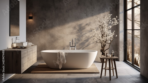 Bathroom interior with a white bathtub  grey wall and panoramic window. 3d render