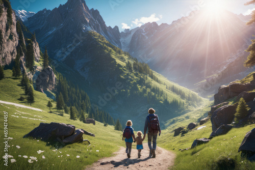 Family with two kids walking in mountains. Beautiful sunny day an sun flair above the mountains.  © Maja