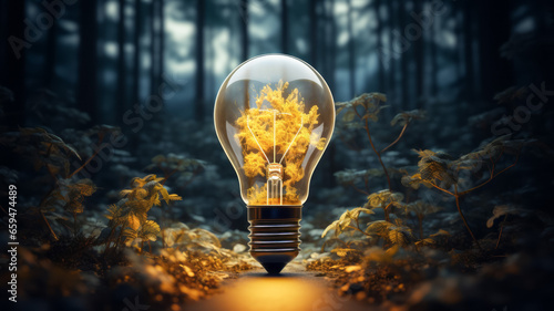 Conceptual image with glowing light bulb on dark forest background. 3D rendering. Creativity concept