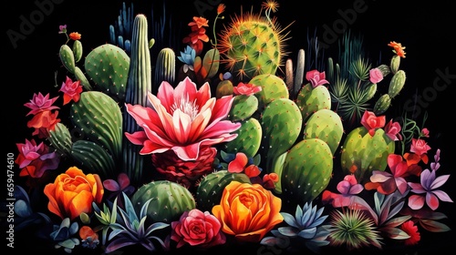  a painting of a cactus with flowers and cacti. generative ai