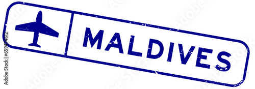 Grunge blue maldives word with plane icon square rubber seal stamp on white background