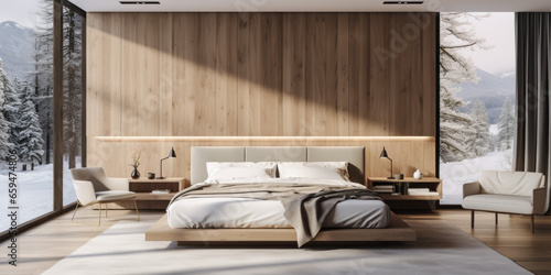 Interior of modern bedroom with wooden walls, wooden floor, comfortable king size bed and panoramic window. 3d render © thodonal