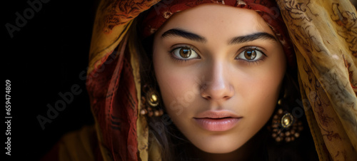Close up portrait of a beautiful young woman in a headscarf.