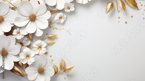 a white and gold floral background with gold leaves and flowers.  generative ai © Shanti