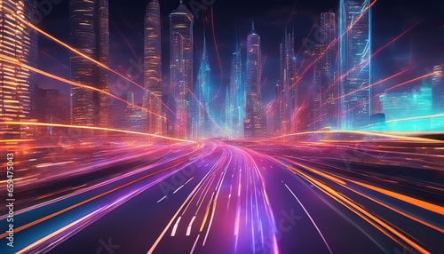 Information super highway. Neon streaming lights. Speed an motion on the road. Futuristic cityscape skyline
