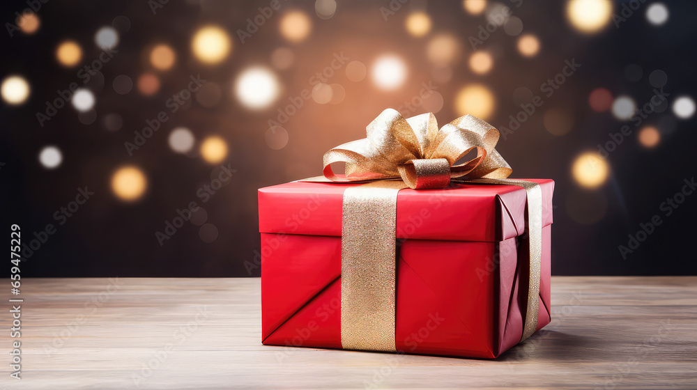 Christmas gift box close up with lights on background Christmas gift box close up with lights on background