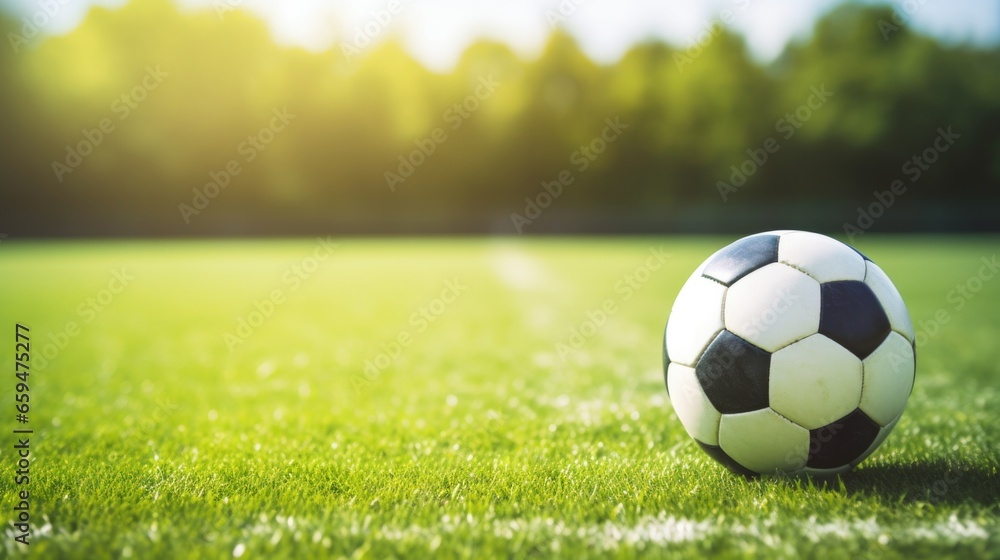 Fototapeta premium Close Up, A soccer ball placed on a green field in a soccer stadium.