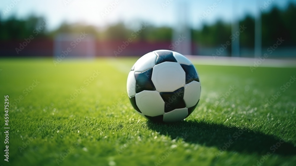 Obraz premium Close Up, A soccer ball placed on a green field in a soccer stadium.