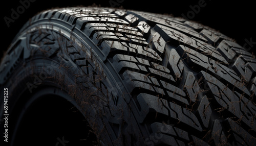 Dirty alloy wheel on slippery curve, snow covered tire track generated by AI © djvstock