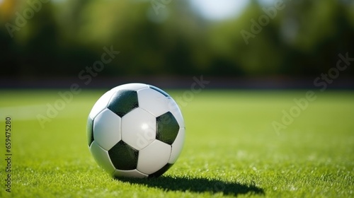 Close Up, A soccer ball placed on a green field in a soccer stadium. © Pro Hi-Res