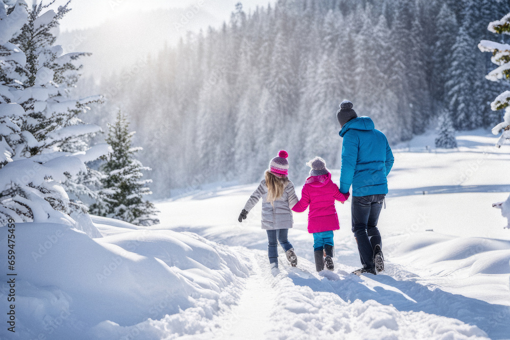 AI generated image of a family of three walking together on a snowy mountain trip.