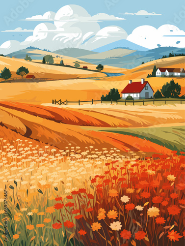 Fall autumn landscape background vector, simple abstract style. Good for fashion fabrics, children’s clothing, postcards, social post, books, wallpaper, banner, events, covers, advertising, and more.