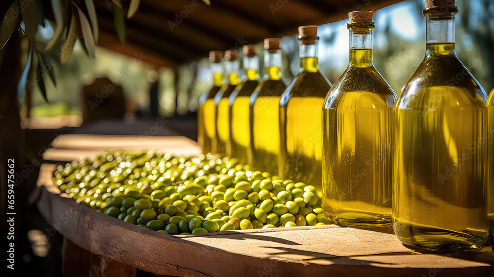 Bottles with fresh olive oil with green olives oil production - obrazy, fototapety, plakaty 