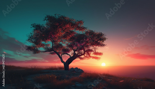 Silhouette of tree in tranquil meadow, back lit by sunset generated by AI