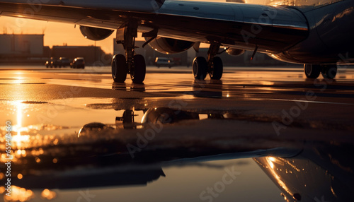 Silhouette of modern airplane reflects sunlight on water at dusk generated by AI © djvstock